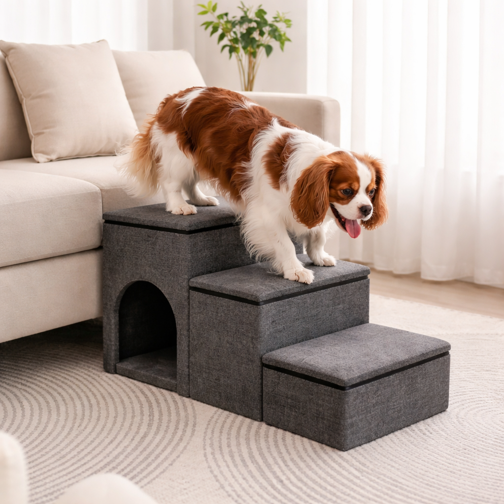 Foldable 3-Step Dog Stairs – Internal Storage, Removable Cover & Eco-Friendly