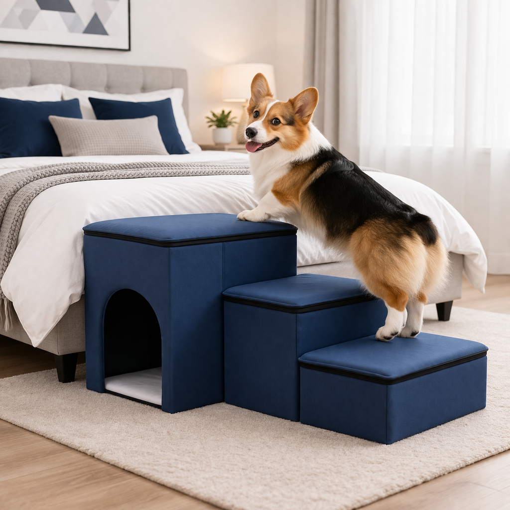 Foldable 3-Step Dog Stairs – Internal Storage, Removable Cover & Eco-Friendly