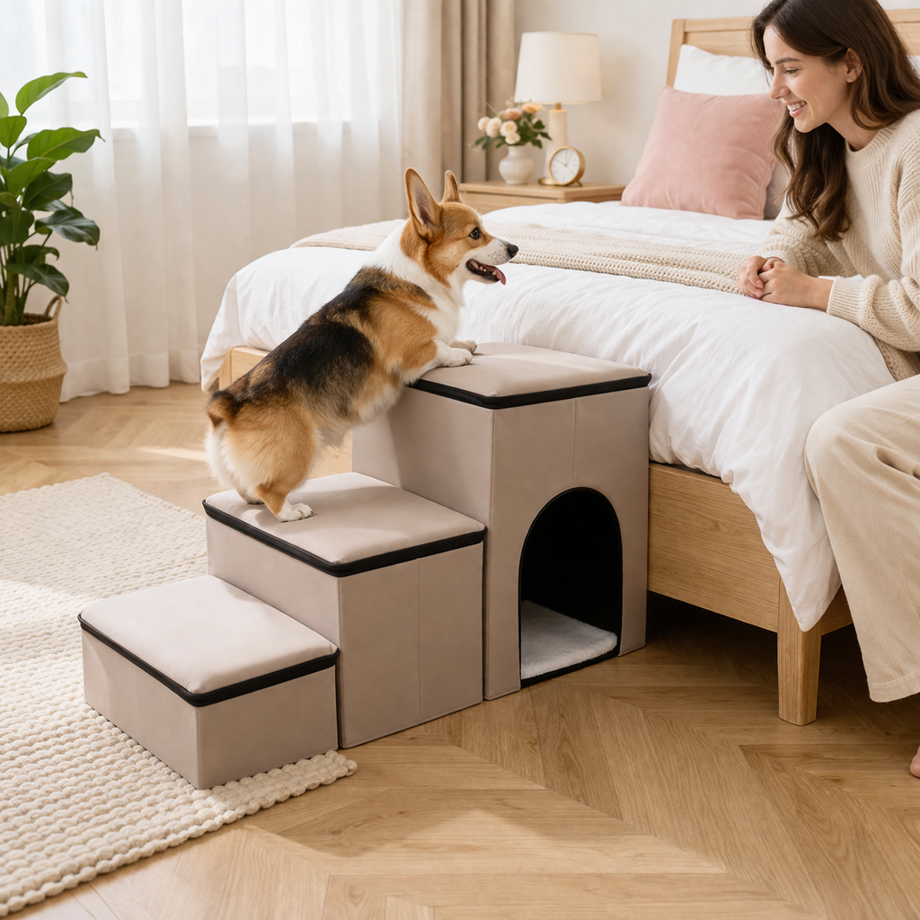 Foldable 3-Step Dog Stairs – Internal Storage, Removable Cover & Eco-Friendly