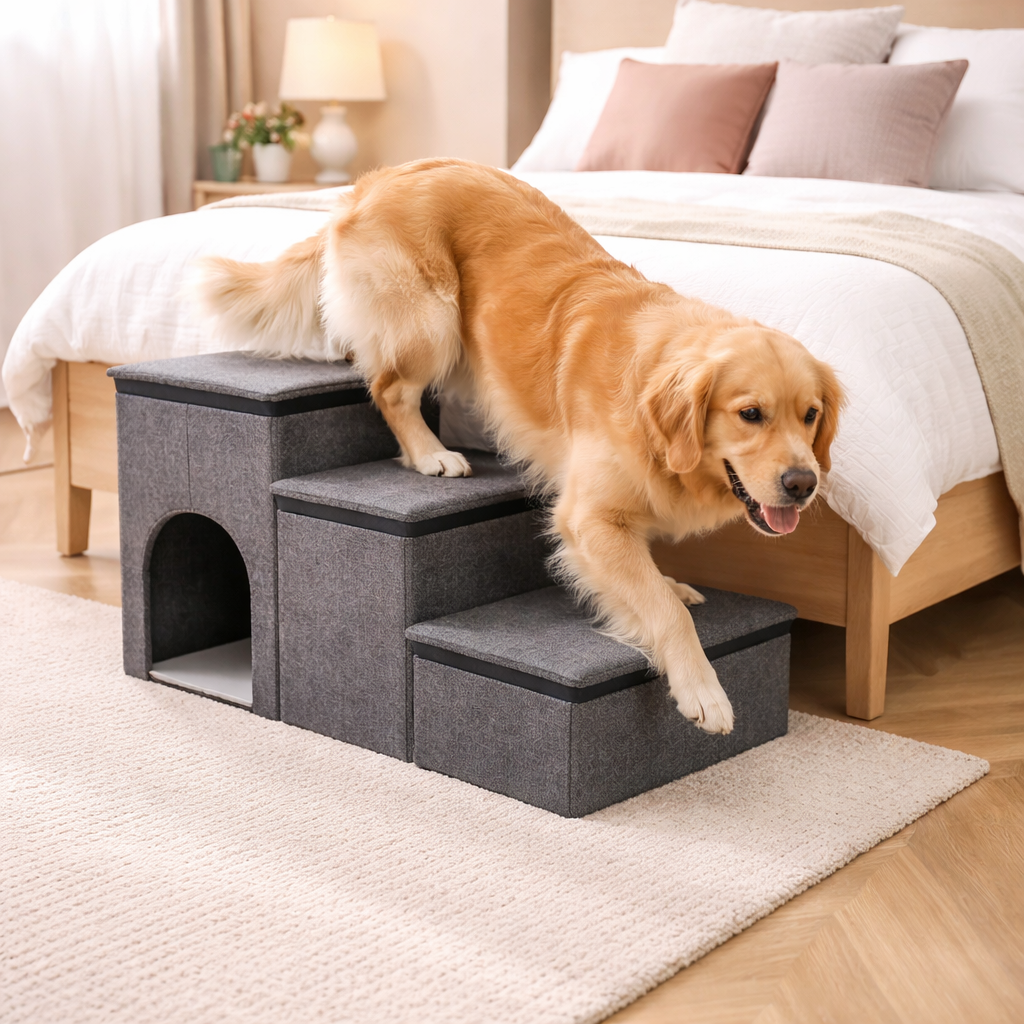Foldable 3-Step Dog Stairs – Internal Storage, Removable Cover & Eco-Friendly