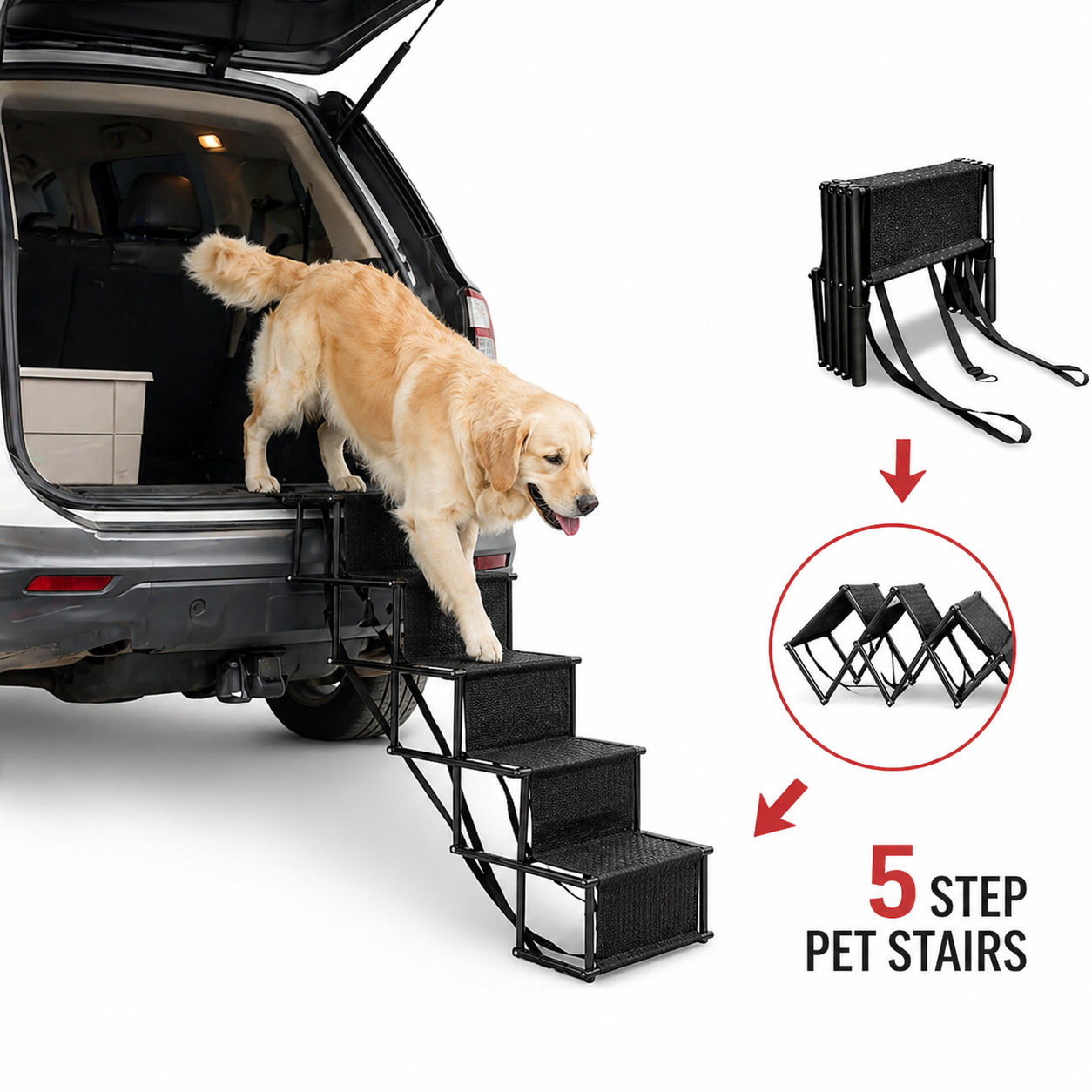 Foldable 5-Step Dog Car Stairs – Non-Slip, Lightweight & 150 lbs Capacity