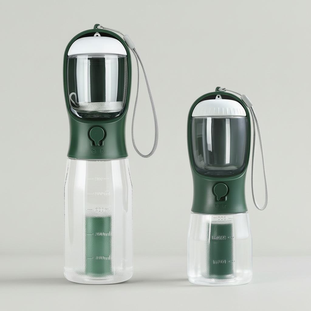 3-in-1 Portable Dog Travel Bottle – Water Dispenser, Food Storage & Waste Bag Compartment