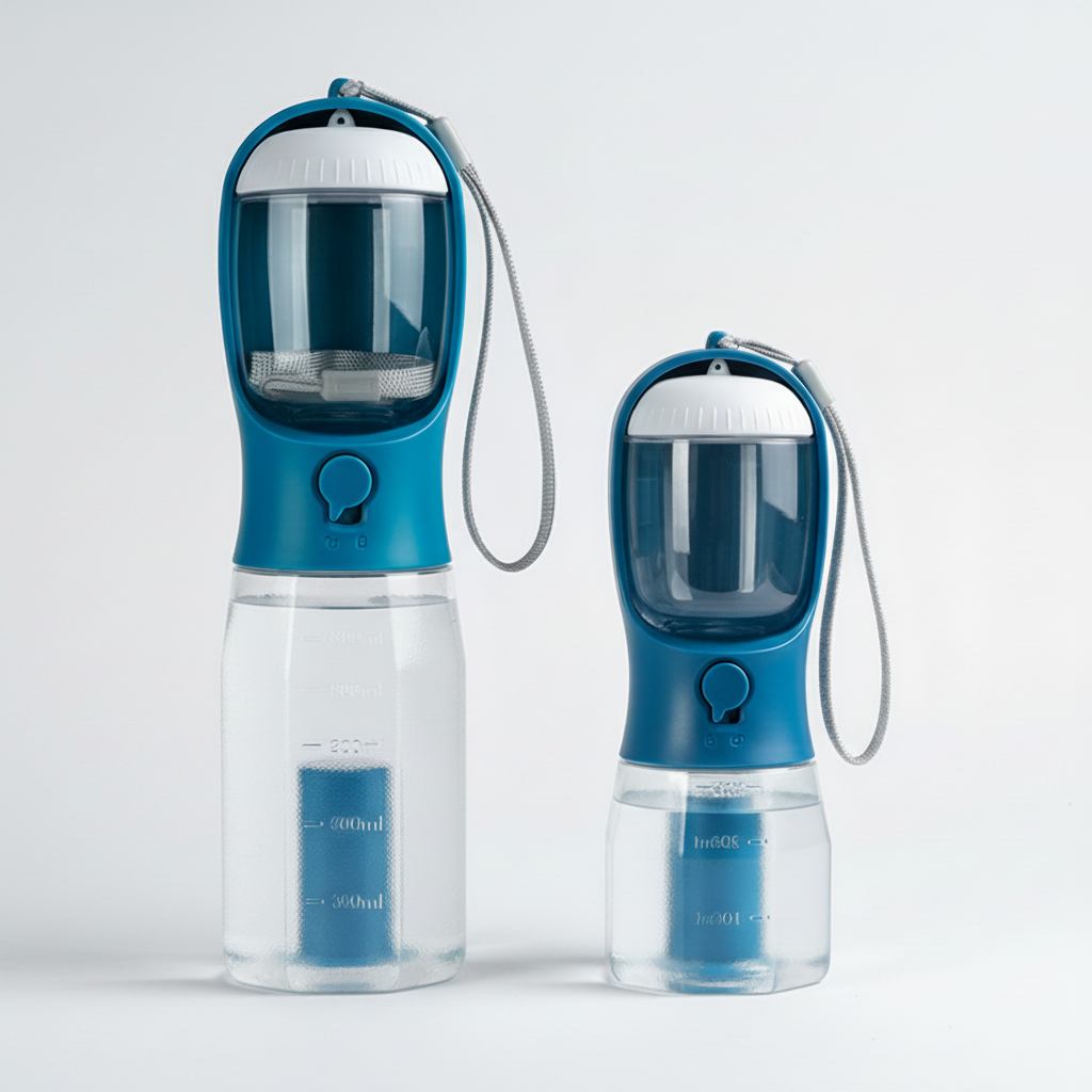 3-in-1 Portable Dog Travel Bottle – Water Dispenser, Food Storage & Waste Bag Compartment