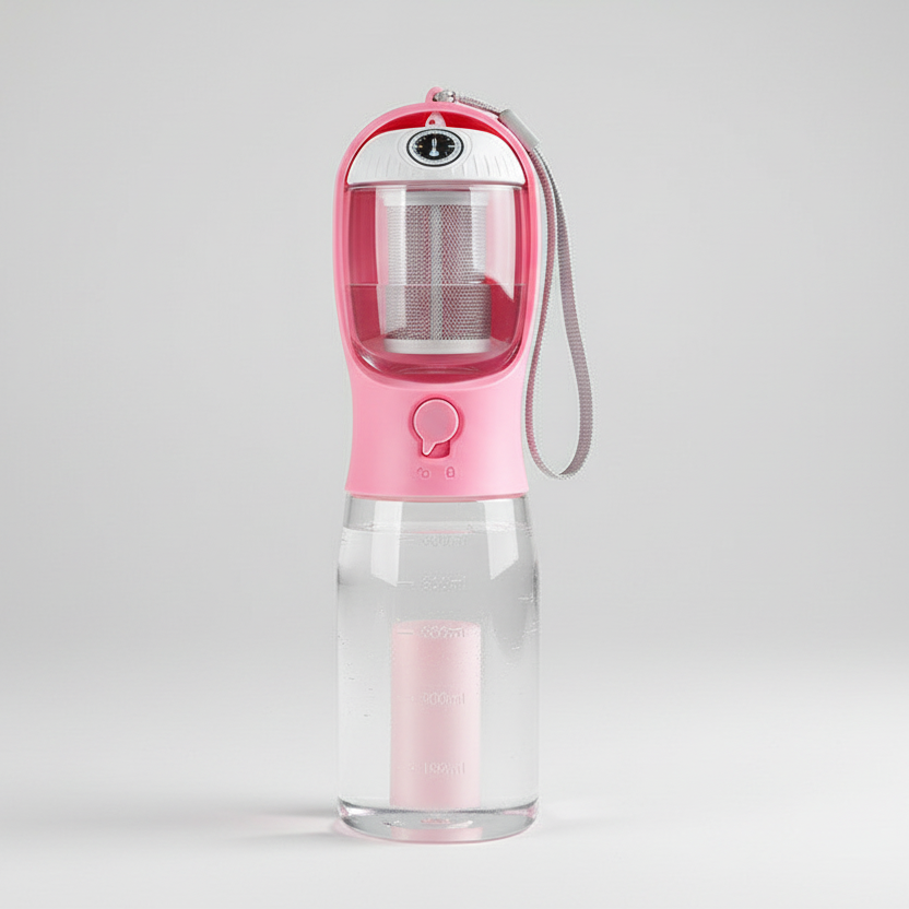 3-in-1 Portable Dog Travel Bottle – Water Dispenser, Food Storage & Waste Bag Compartment