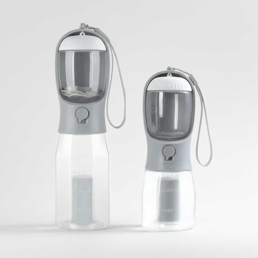 3-in-1 Portable Dog Travel Bottle – Water Dispenser, Food Storage & Waste Bag Compartment