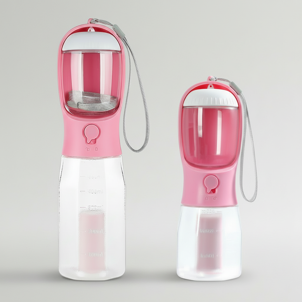 3-in-1 Portable Dog Travel Bottle – Water Dispenser, Food Storage & Waste Bag Compartment