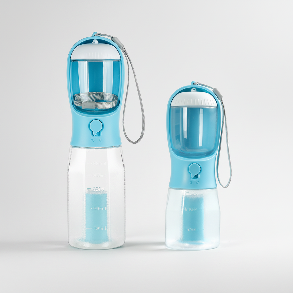 3-in-1 Portable Dog Travel Bottle – Water Dispenser, Food Storage & Waste Bag Compartment