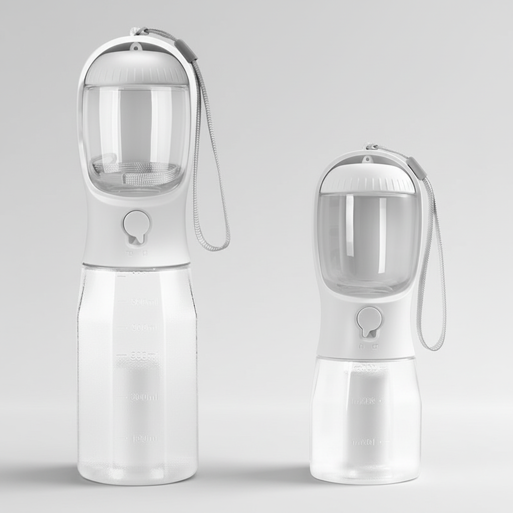 3-in-1 Portable Dog Travel Bottle – Water Dispenser, Food Storage & Waste Bag Compartment