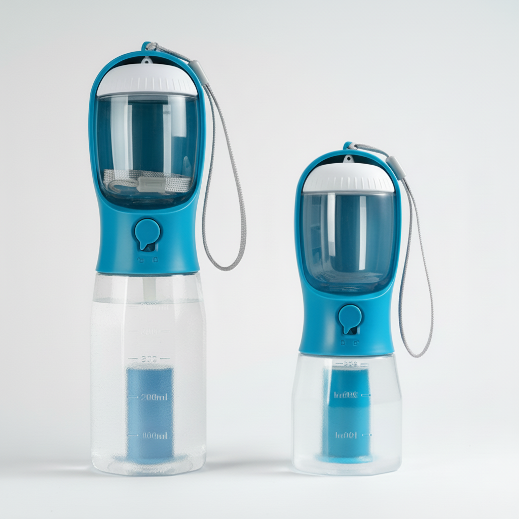 3-in-1 Portable Dog Travel Bottle – Water Dispenser, Food Storage & Waste Bag Compartment