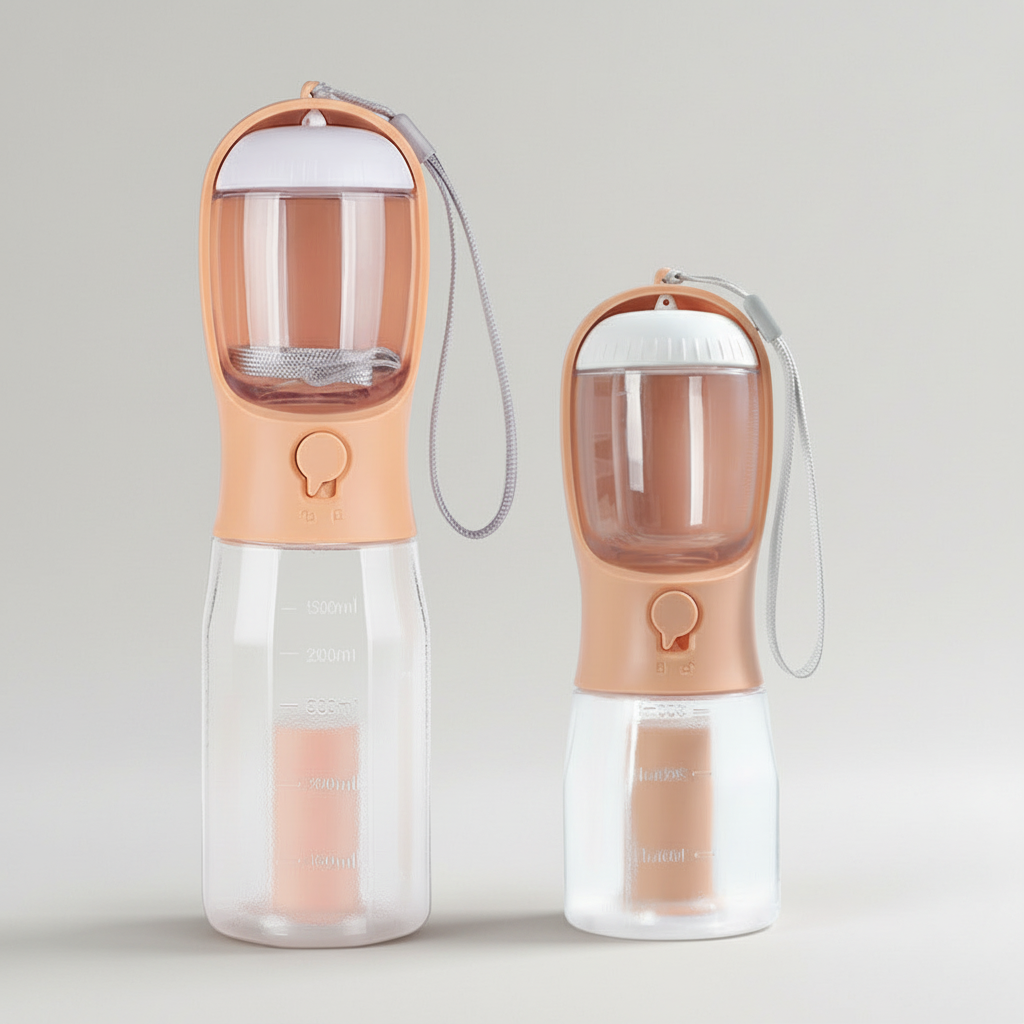 3-in-1 Portable Dog Travel Bottle – Water Dispenser, Food Storage & Waste Bag Compartment