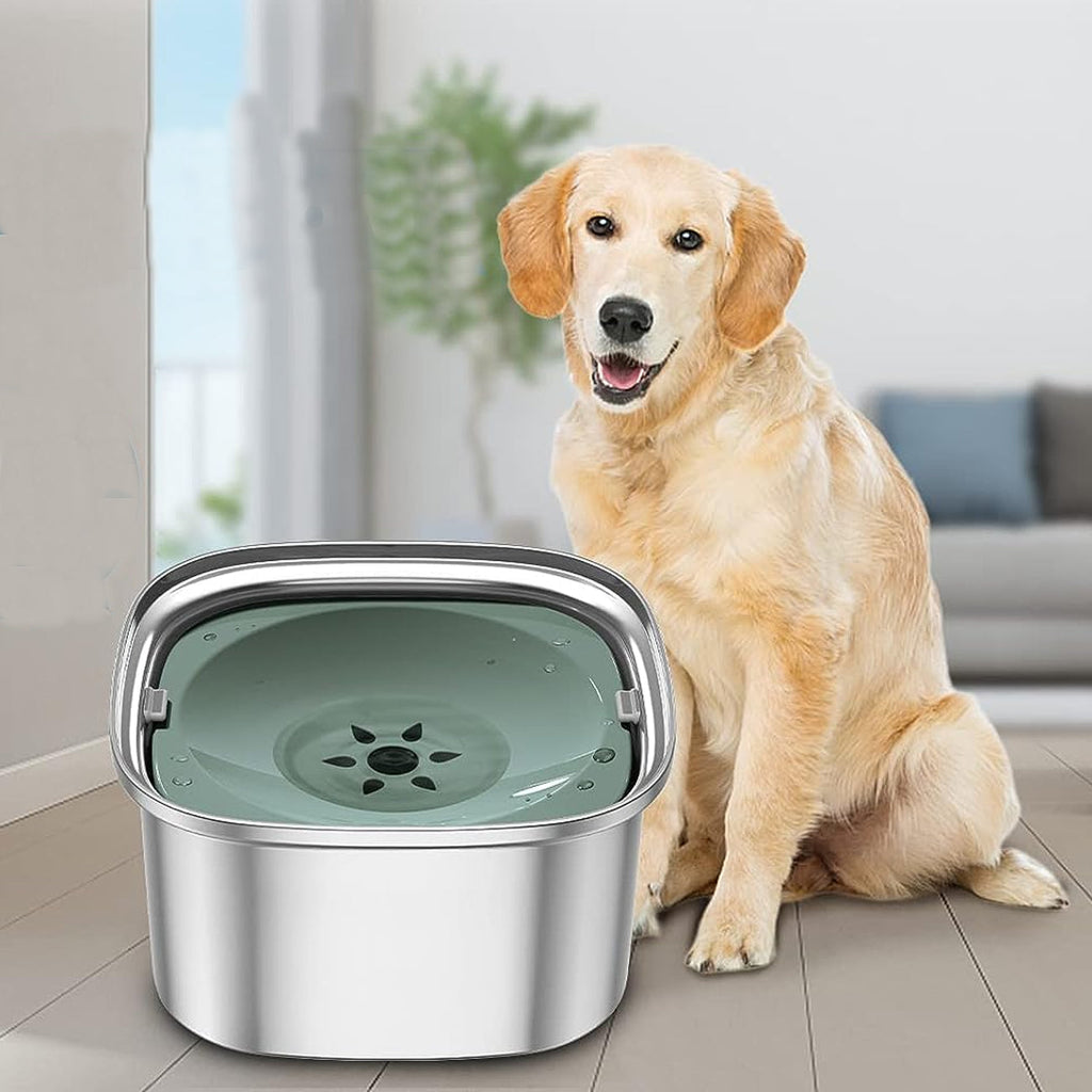 Spill-Proof Dog Water Bowl – 304 Stainless Steel with Floating Disc & Filter
