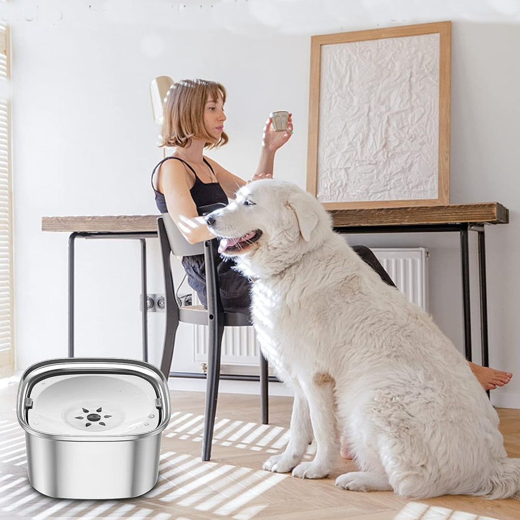 Spill-Proof Dog Water Bowl – 304 Stainless Steel with Floating Disc & Filter