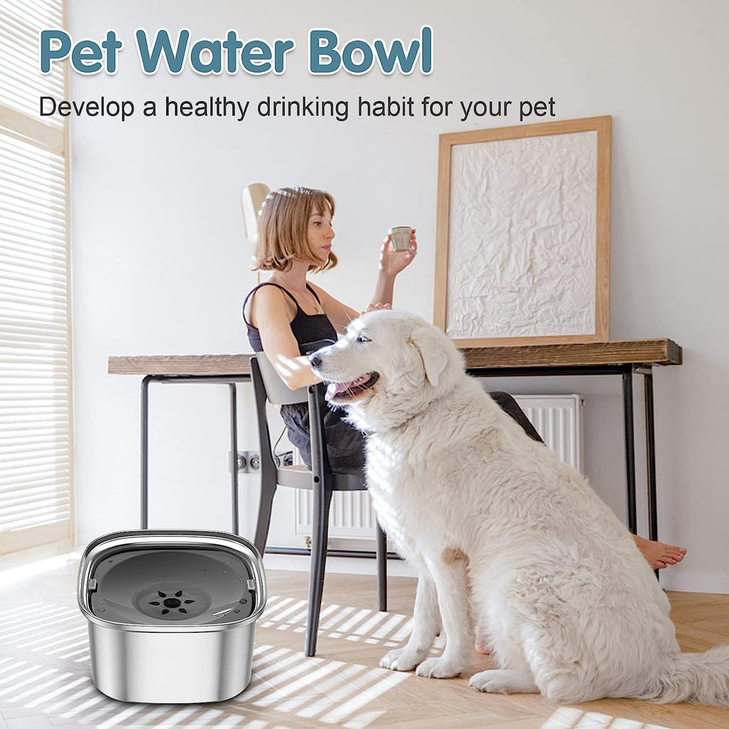 Spill-Proof Dog Water Bowl – 304 Stainless Steel with Floating Disc & Filter