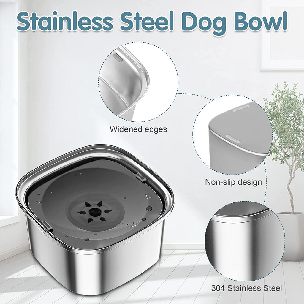 Spill-Proof Dog Water Bowl – 304 Stainless Steel with Floating Disc & Filter