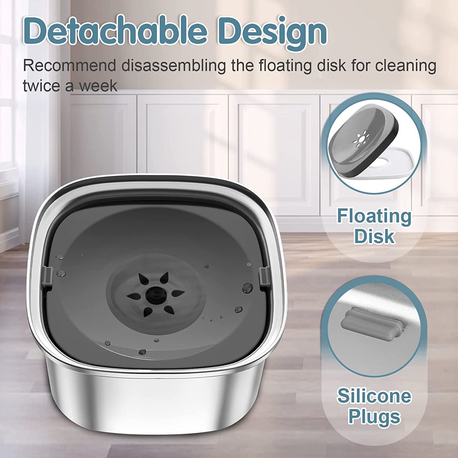 Spill-Proof Dog Water Bowl – 304 Stainless Steel with Floating Disc & Filter