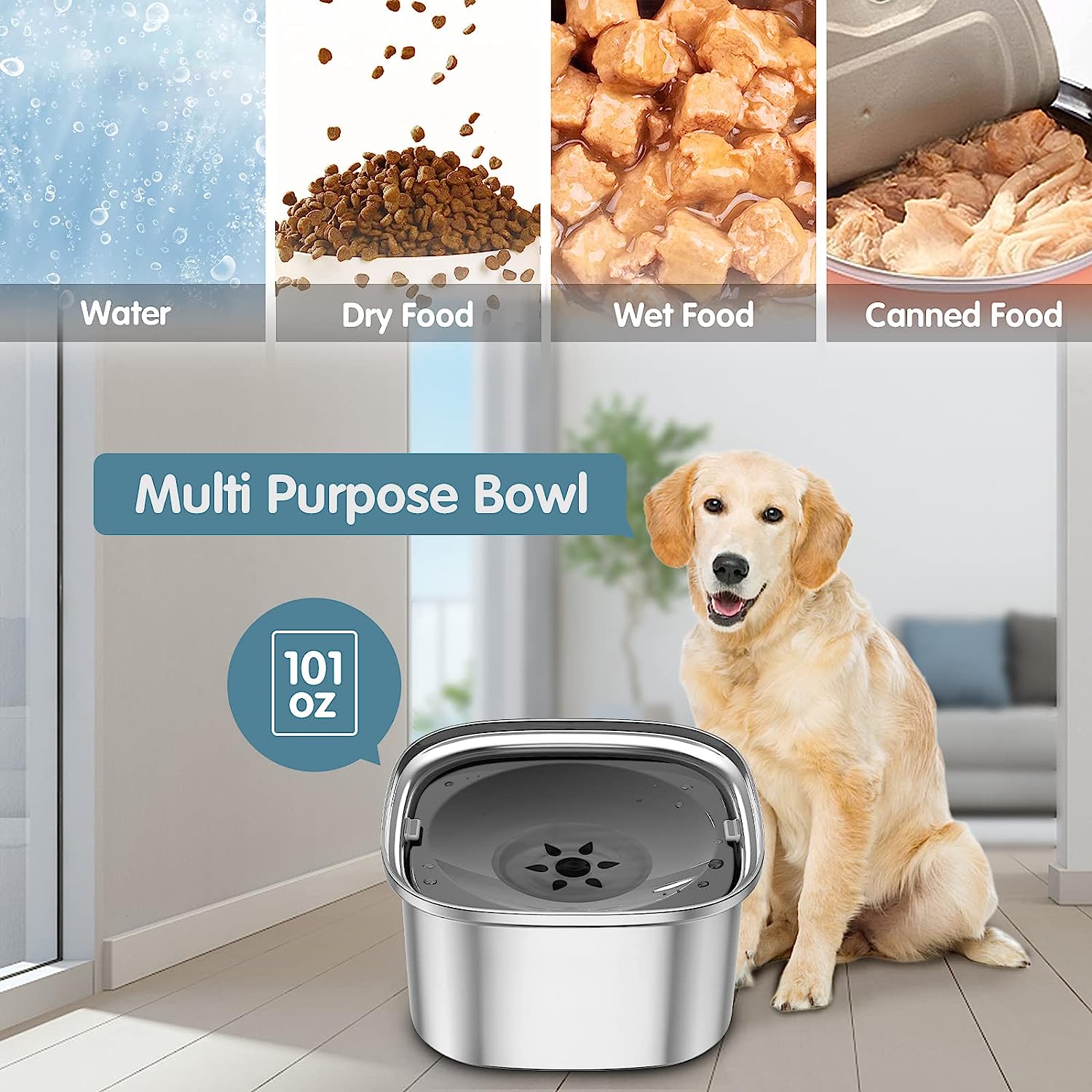 Spill-Proof Dog Water Bowl – 304 Stainless Steel with Floating Disc & Filter