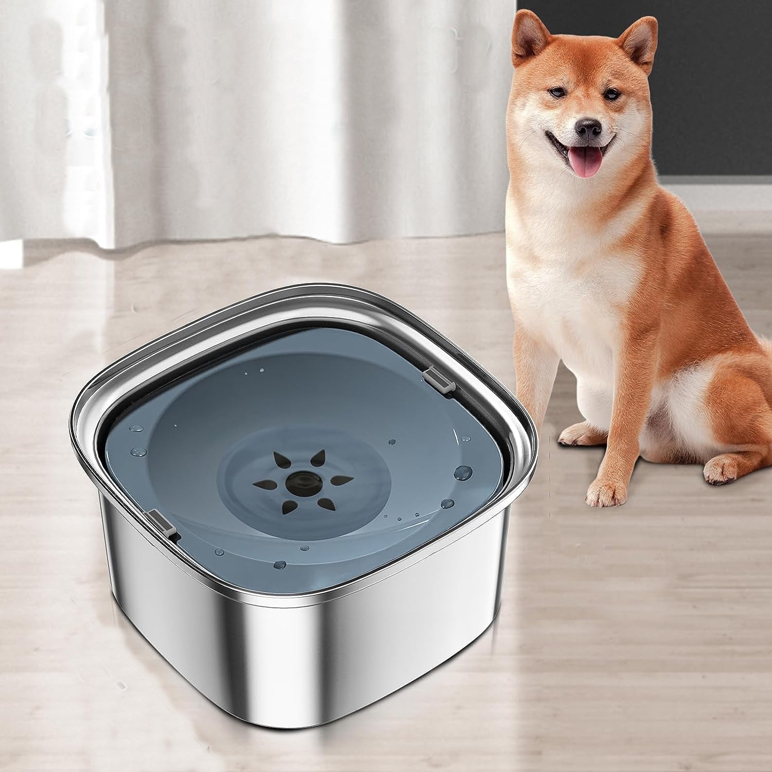 Spill-Proof Dog Water Bowl – 304 Stainless Steel with Floating Disc & Filter