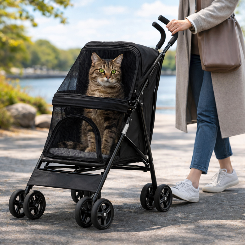 Foldable Pet Stroller – Detachable Basket, 360° Wheels & One-Hand Fold for Small Dogs & Cats
