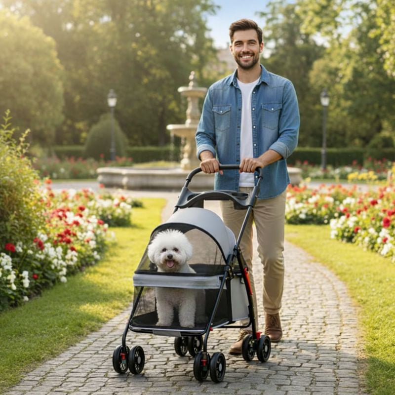 Foldable Pet Stroller – Detachable Basket, 360° Wheels & One-Hand Fold for Small Dogs & Cats