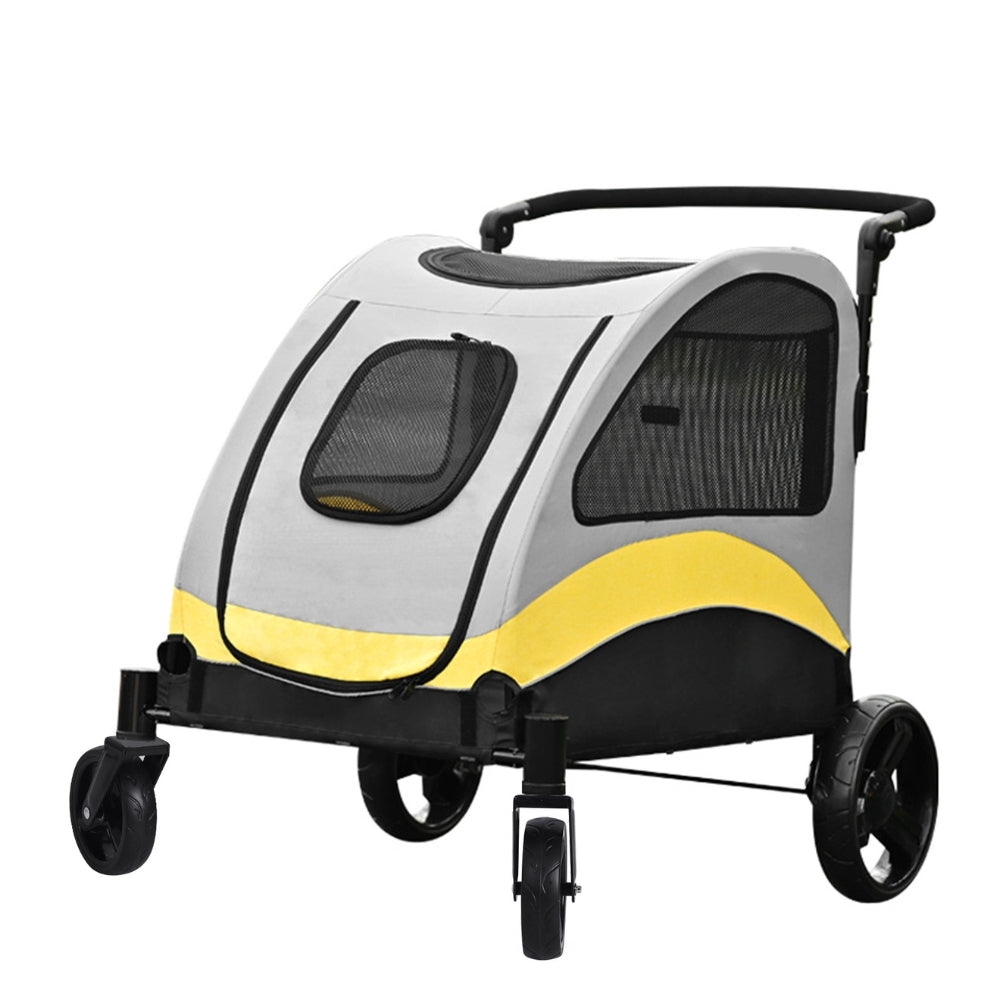Large Dog Stroller – 4 Wheels, Panoramic Mesh View & Safety Collar Hook