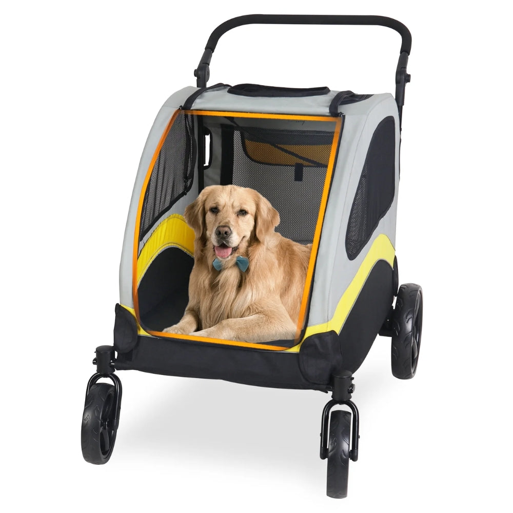 Large Dog Stroller – 4 Wheels, Panoramic Mesh View & Safety Collar Hook