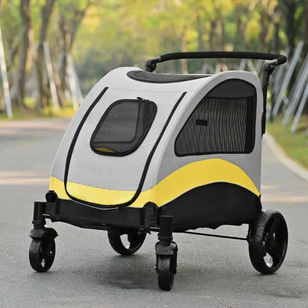 Large Dog Stroller – 4 Wheels, Panoramic Mesh View & Safety Collar Hook