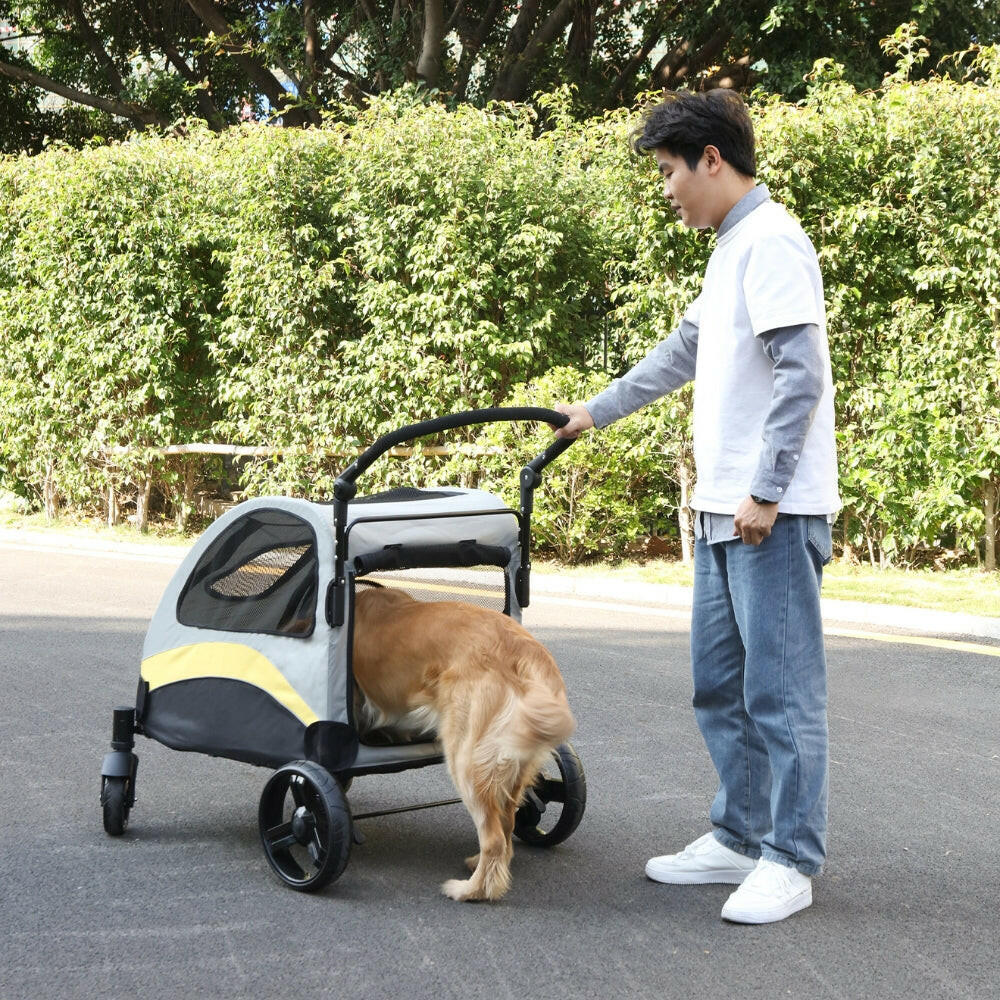 Large Dog Stroller – 4 Wheels, Panoramic Mesh View & Safety Collar Hook