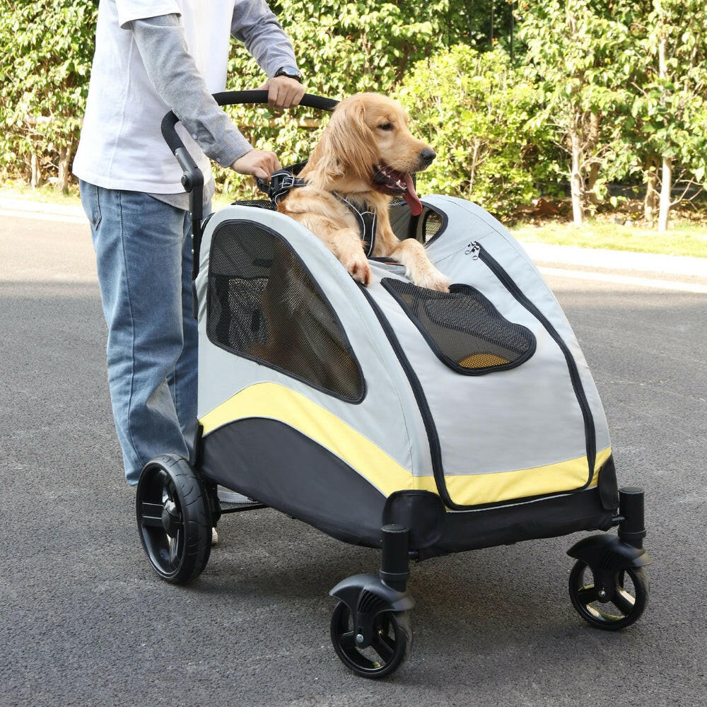 Large Dog Stroller – 4 Wheels, Panoramic Mesh View & Safety Collar Hook