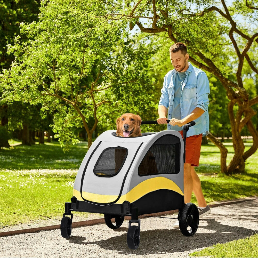 Large Dog Stroller – 4 Wheels, Panoramic Mesh View & Safety Collar Hook