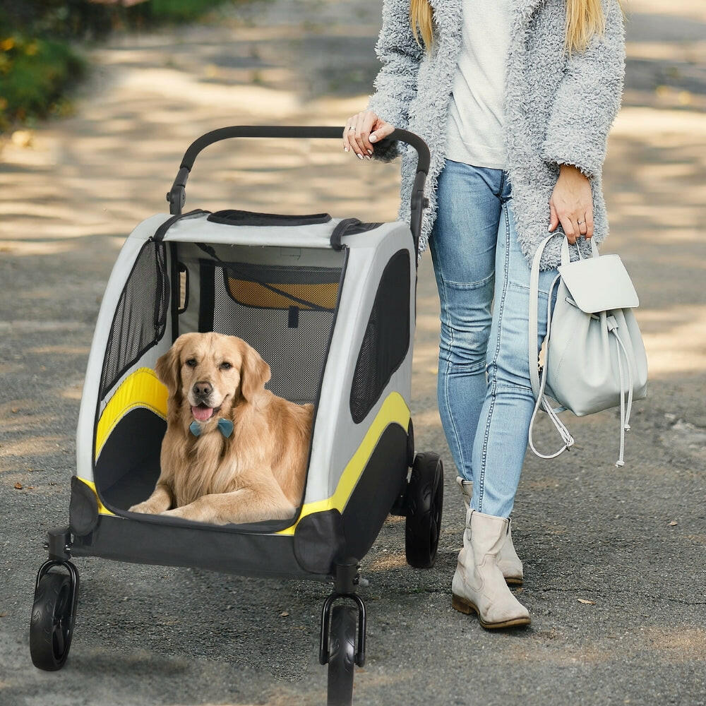 Large Dog Stroller – 4 Wheels, Panoramic Mesh View & Safety Collar Hook